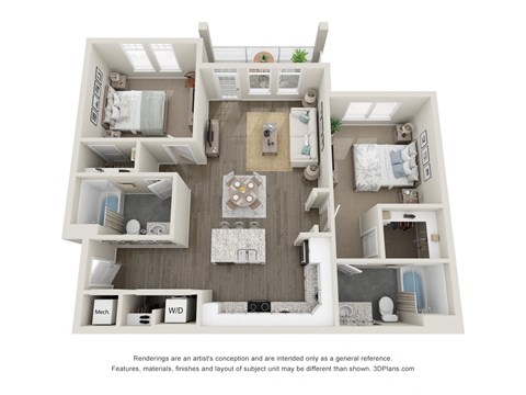 Floor plan for 2 beds, 2 baths, 1018 sqft